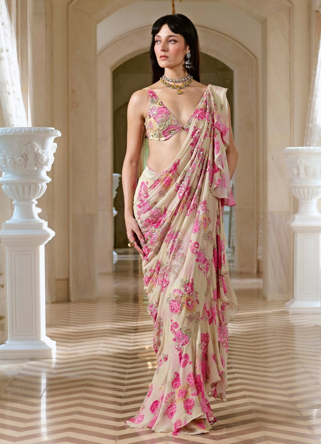 Ivory Floral Printed Georgette Predraped Ruffle Saree Paulmi and Harsh - Fabilicious Fashion