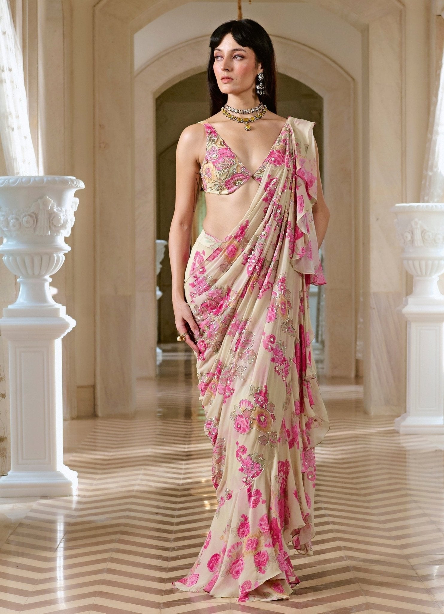 floral pastel ruffle saree party wear