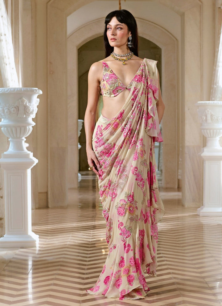 Ivory Floral Printed Georgette Predraped Ruffle Saree Paulmi and Harsh - Fabilicious Fashion