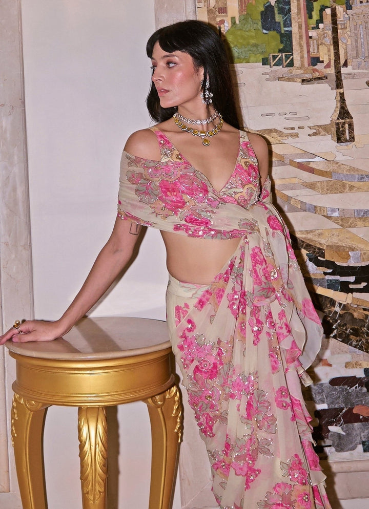 Ivory Floral Printed Georgette Predraped Ruffle Saree Paulmi and Harsh - Fabilicious Fashion