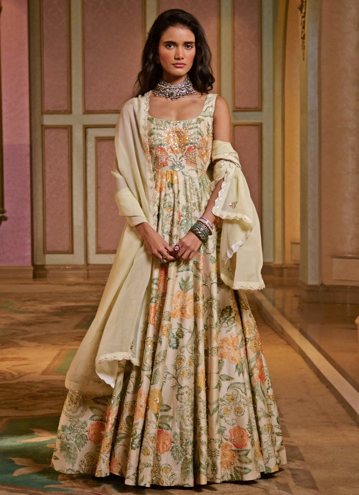 Ivory Floral Printed Silk Anarkali Set Paulmi and Harsh - Fabilicious Fashion