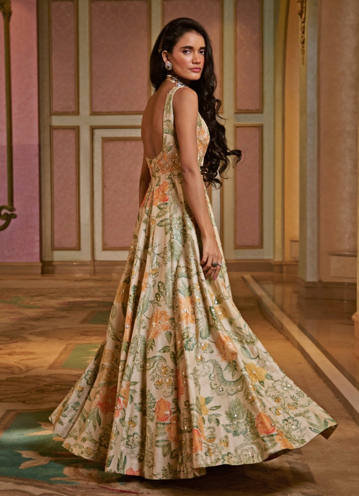 Ivory Floral Printed Silk Anarkali Set Paulmi and Harsh - Fabilicious Fashion