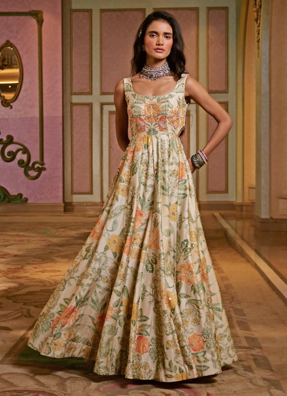 Ivory Floral Printed Silk Anarkali Set Paulmi and Harsh - Fabilicious Fashion