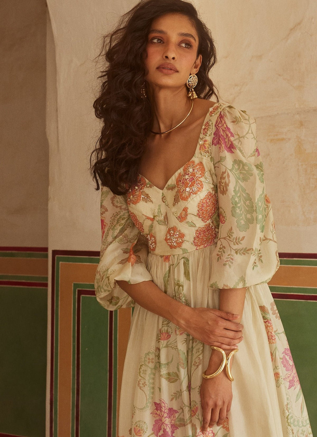Ivory Floral Silk Corset Dress Paulmi and Harsh - Fabilicious Fashion
