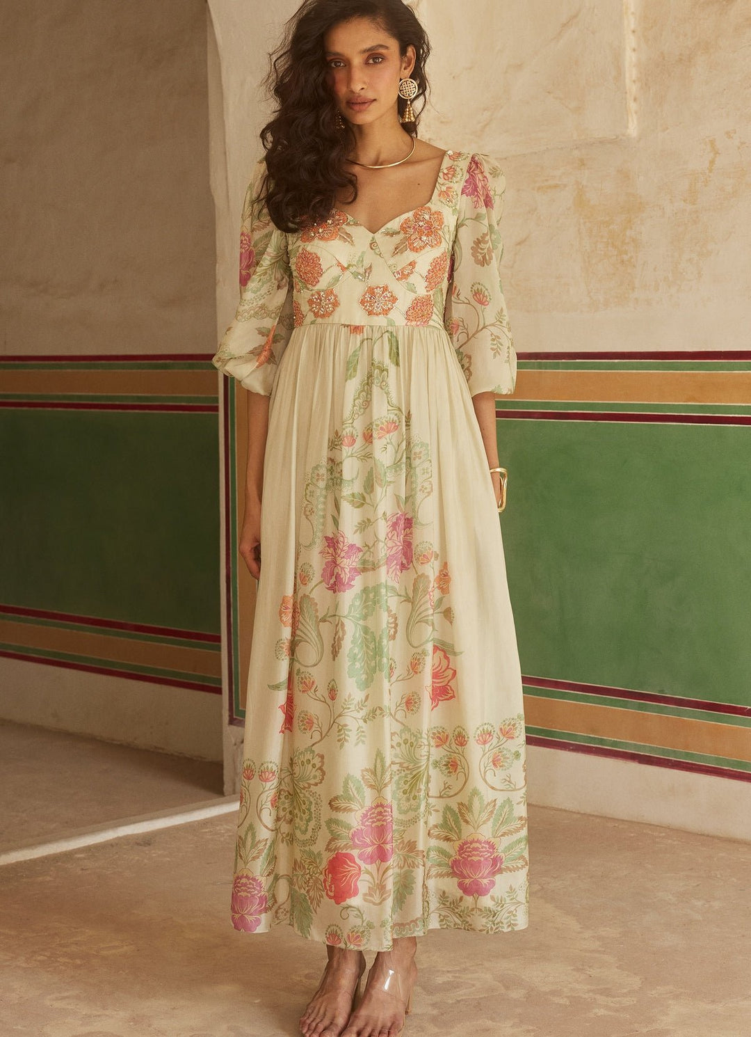 Ivory Floral Silk Corset Dress Paulmi and Harsh - Fabilicious Fashion