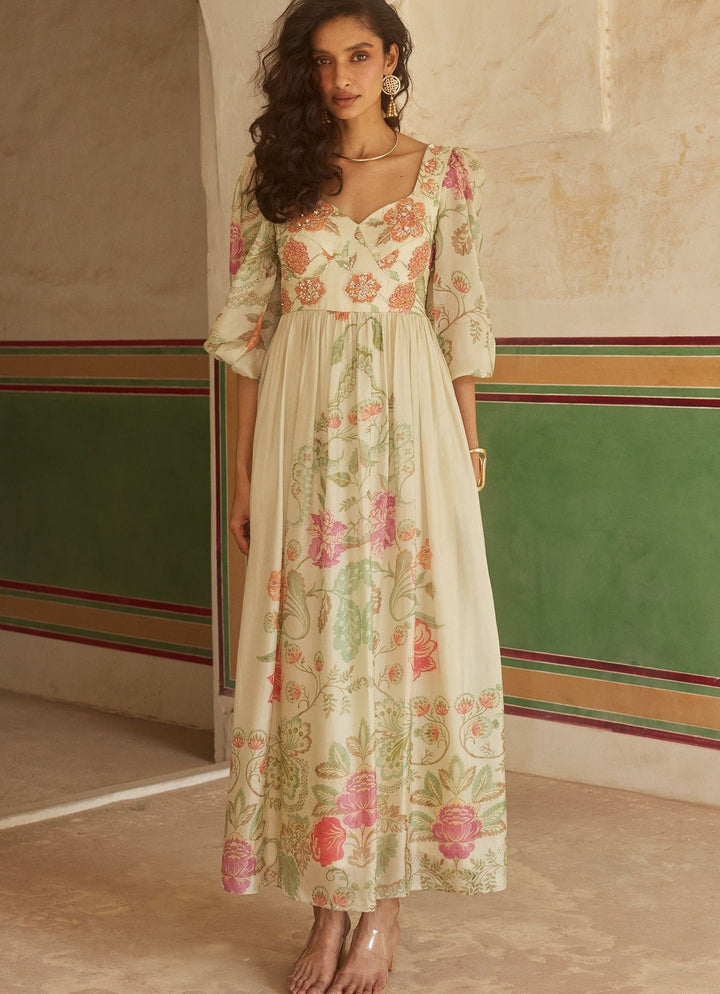 Ivory Floral Silk Corset Dress Paulmi and Harsh - Fabilicious Fashion