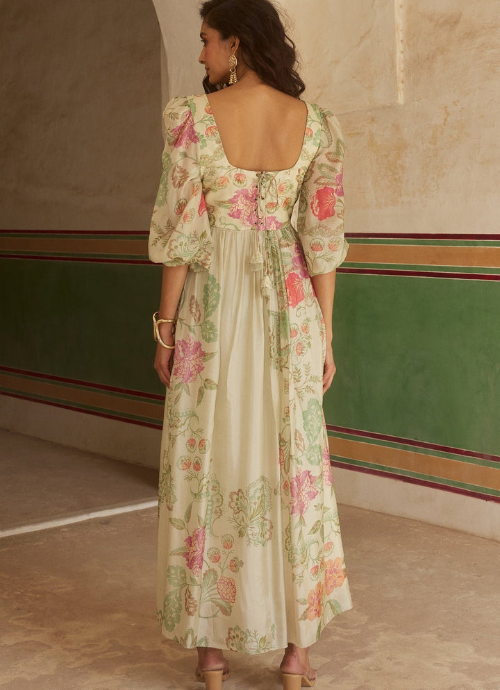 Ivory Floral Silk Corset Dress Paulmi and Harsh - Fabilicious Fashion