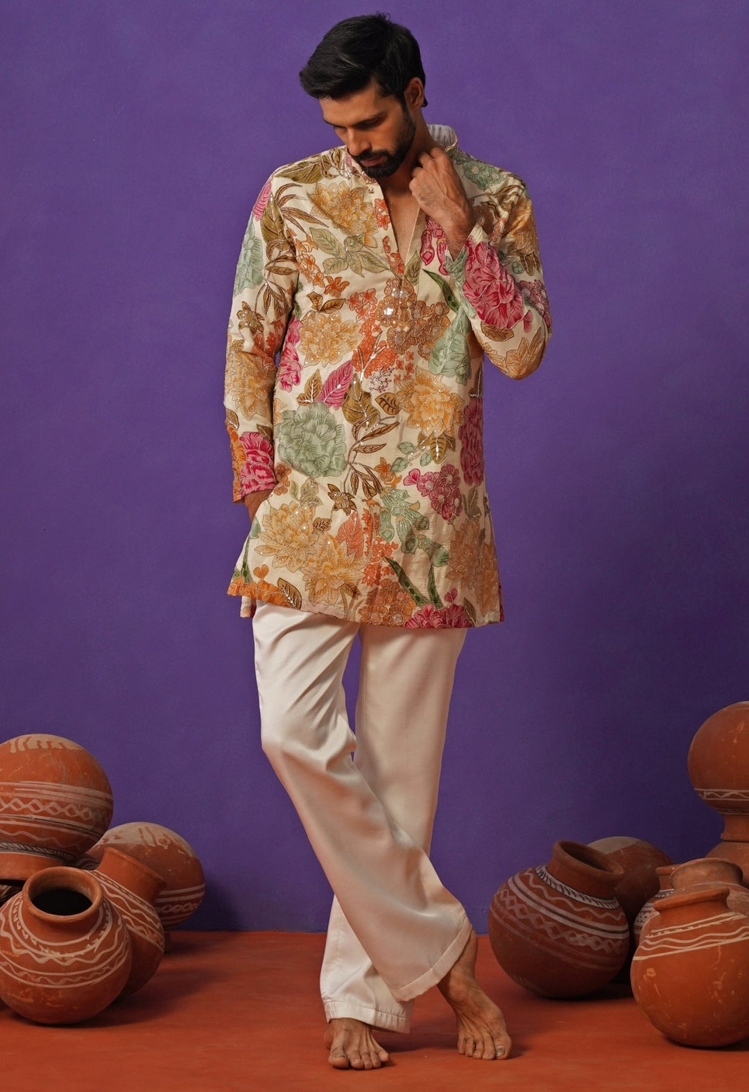 Ivory Floral Silk Short Kurta Set Kalpraag - Fabilicious Fashion