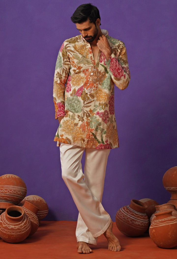 Ivory Floral Silk Short Kurta Set Kalpraag - Fabilicious Fashion