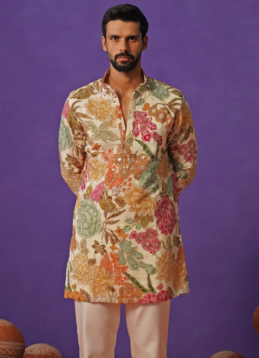 Ivory Floral Silk Short Kurta Set Kalpraag - Fabilicious Fashion