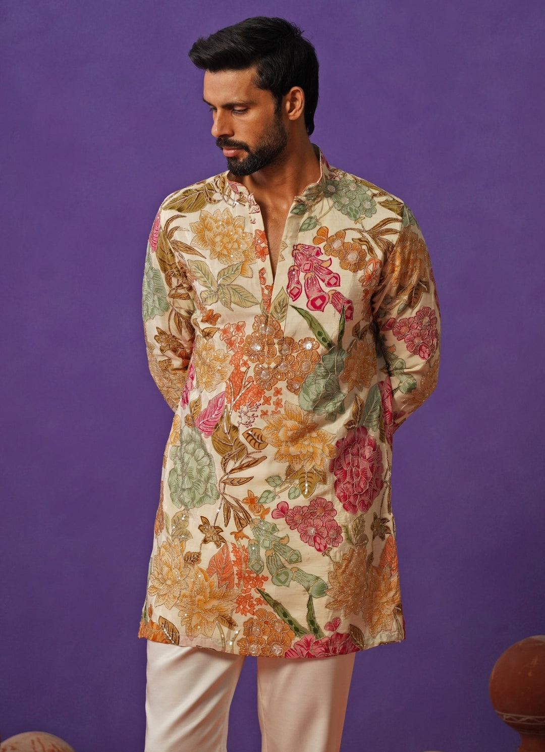 Ivory Floral Silk Short Kurta Set Kalpraag - Fabilicious Fashion