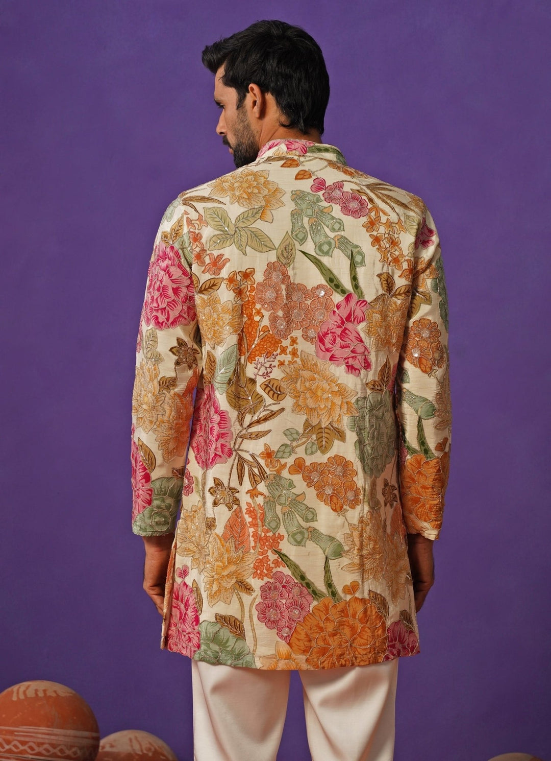 Ivory Floral Silk Short Kurta Set Kalpraag - Fabilicious Fashion