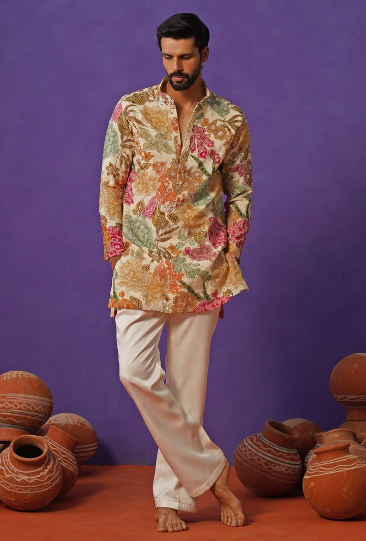 Ivory Floral Silk Short Kurta Set Kalpraag - Fabilicious Fashion