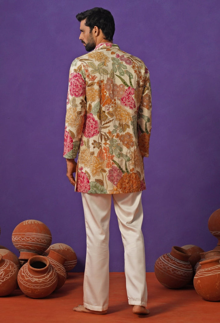 Ivory Floral Silk Short Kurta Set Kalpraag - Fabilicious Fashion