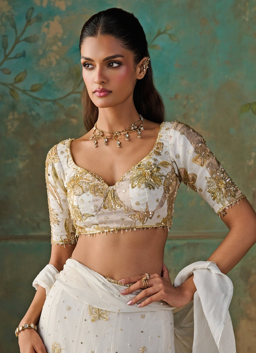 Zoon Tribe Ivory Foil Chinon Mermaid Pre-Draped SareeFabilicious Fashion