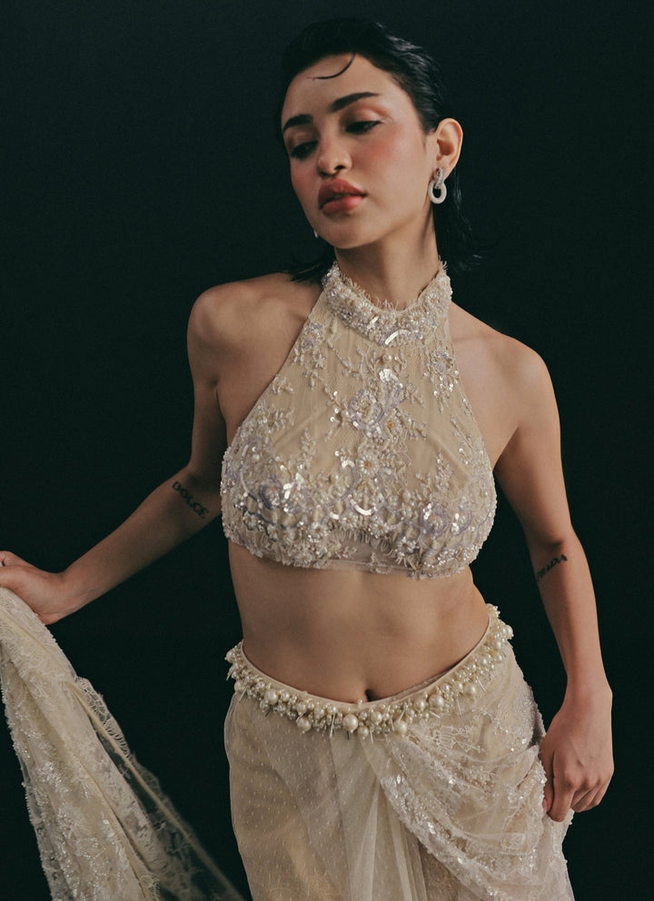 The Little Black Bow Ivory French Lace Pre-Draped Saree With Halter BlouseFabilicious Fashion