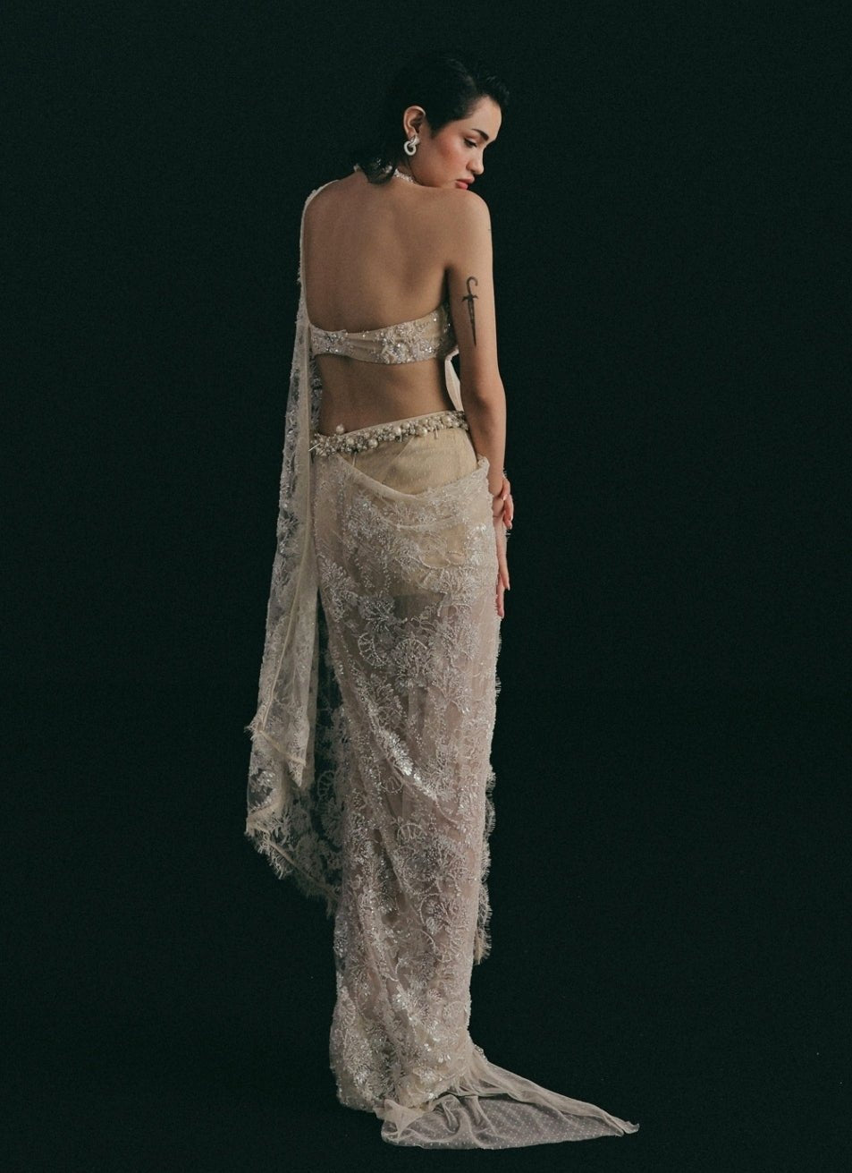 The Little Black Bow Ivory French Lace Pre-Draped Saree With Halter BlouseFabilicious Fashion