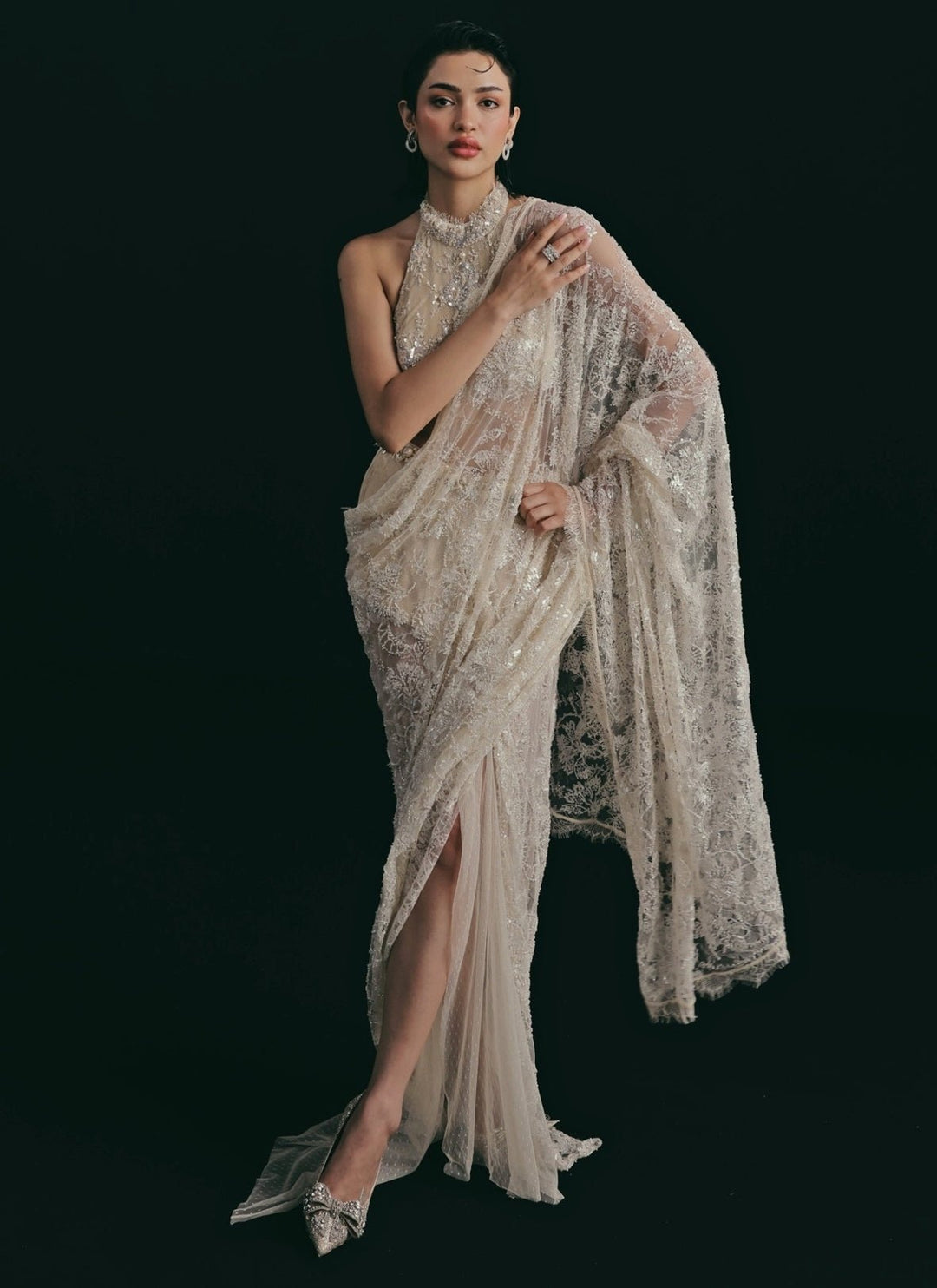 The Little Black Bow Ivory French Lace Pre-Draped Saree With Halter BlouseFabilicious Fashion