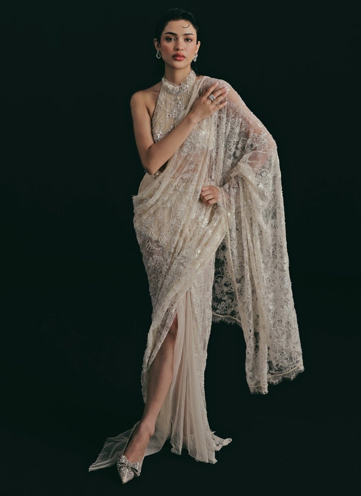 The Little Black Bow Ivory French Lace Pre-Draped Saree With Halter BlouseFabilicious Fashion