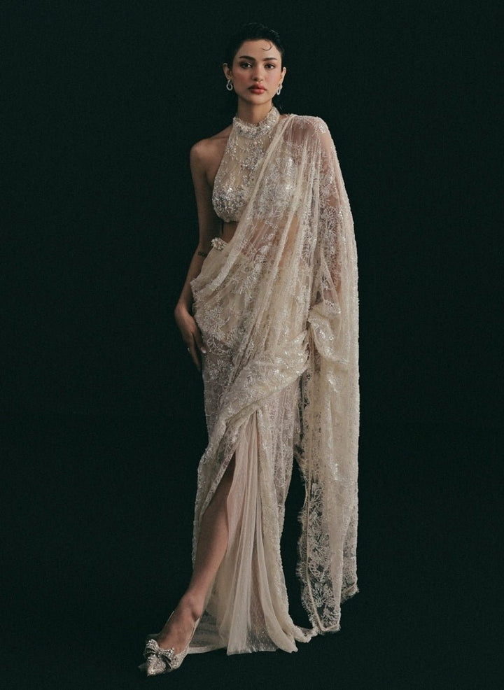 The Little Black Bow Ivory French Lace Pre-Draped Saree With Halter BlouseFabilicious Fashion