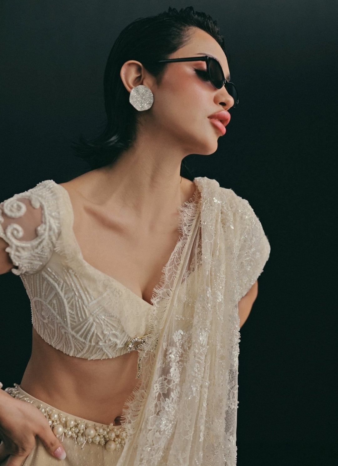 The Little Black Bow Ivory French Lace Pre-Draped SareeFabilicious Fashion
