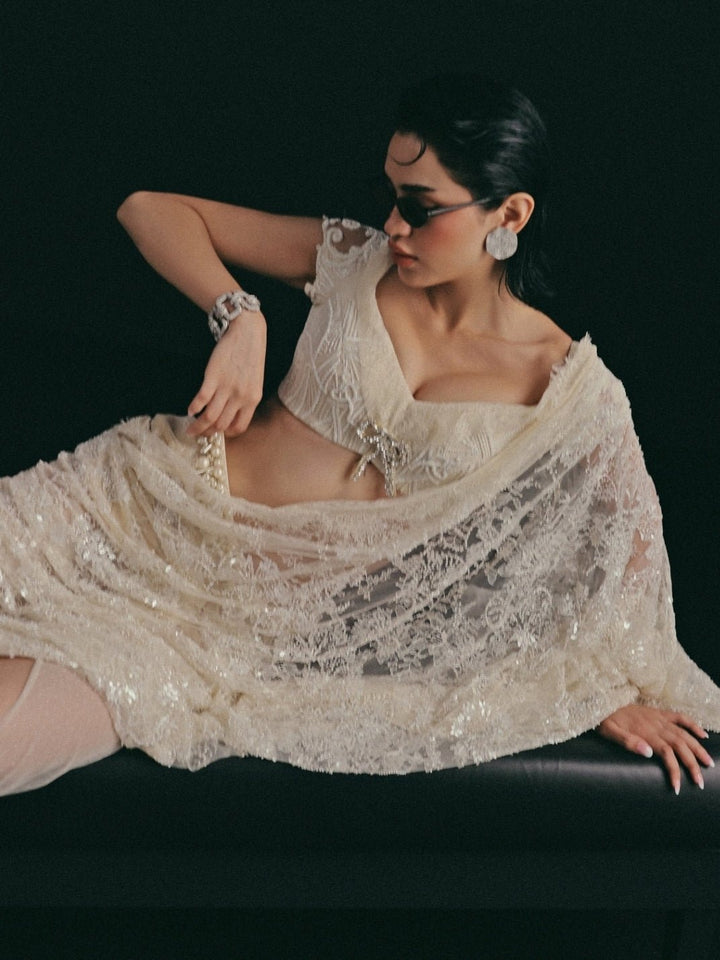 The Little Black Bow Ivory French Lace Pre-Draped SareeFabilicious Fashion