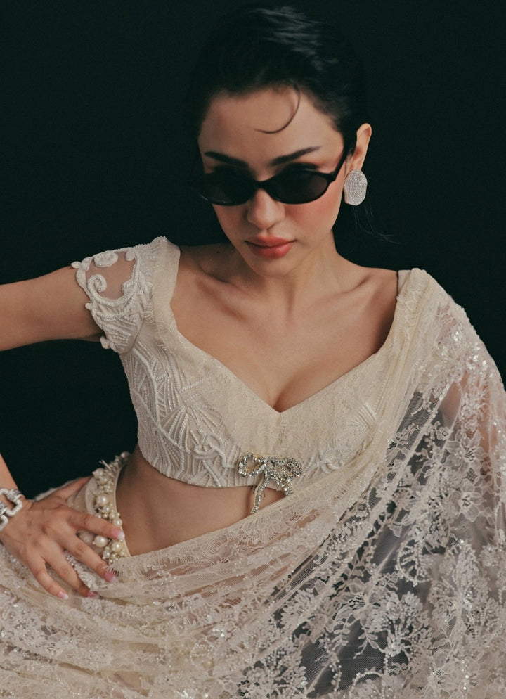 The Little Black Bow Ivory French Lace Pre-Draped SareeFabilicious Fashion