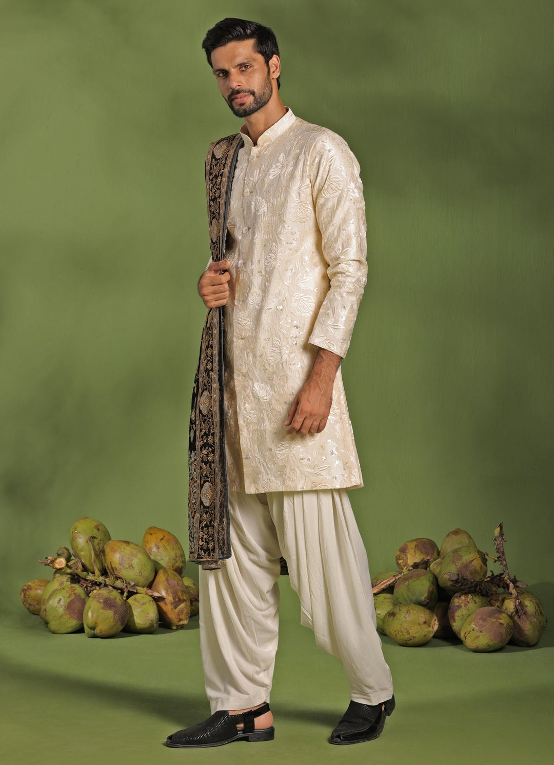 Ivory Front - Open Kurta Patiala Pant Set With Dupatta Kalpraag - Fabilicious Fashion