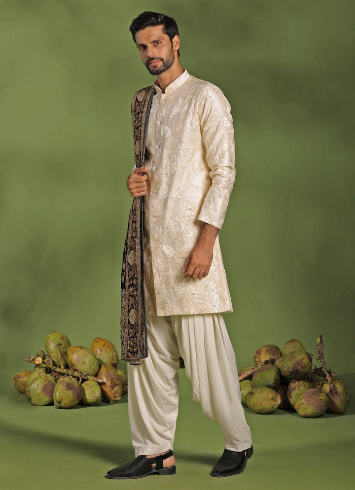 Ivory Front - Open Kurta Patiala Pant Set With Dupatta Kalpraag - Fabilicious Fashion