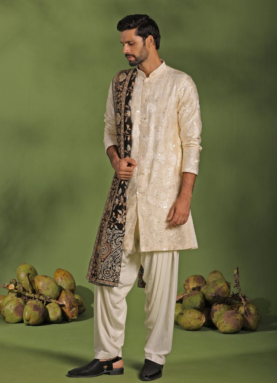 Ivory Front - Open Kurta Patiala Pant Set With Dupatta Kalpraag - Fabilicious Fashion