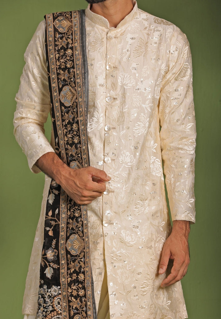 Ivory Front - Open Kurta Patiala Pant Set With Dupatta Kalpraag - Fabilicious Fashion