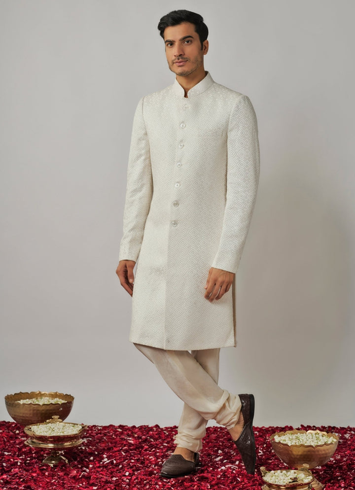 Ivory Geometric Embroidered Sherwani Set Renee Label - Men - Fabilicious Fashion
