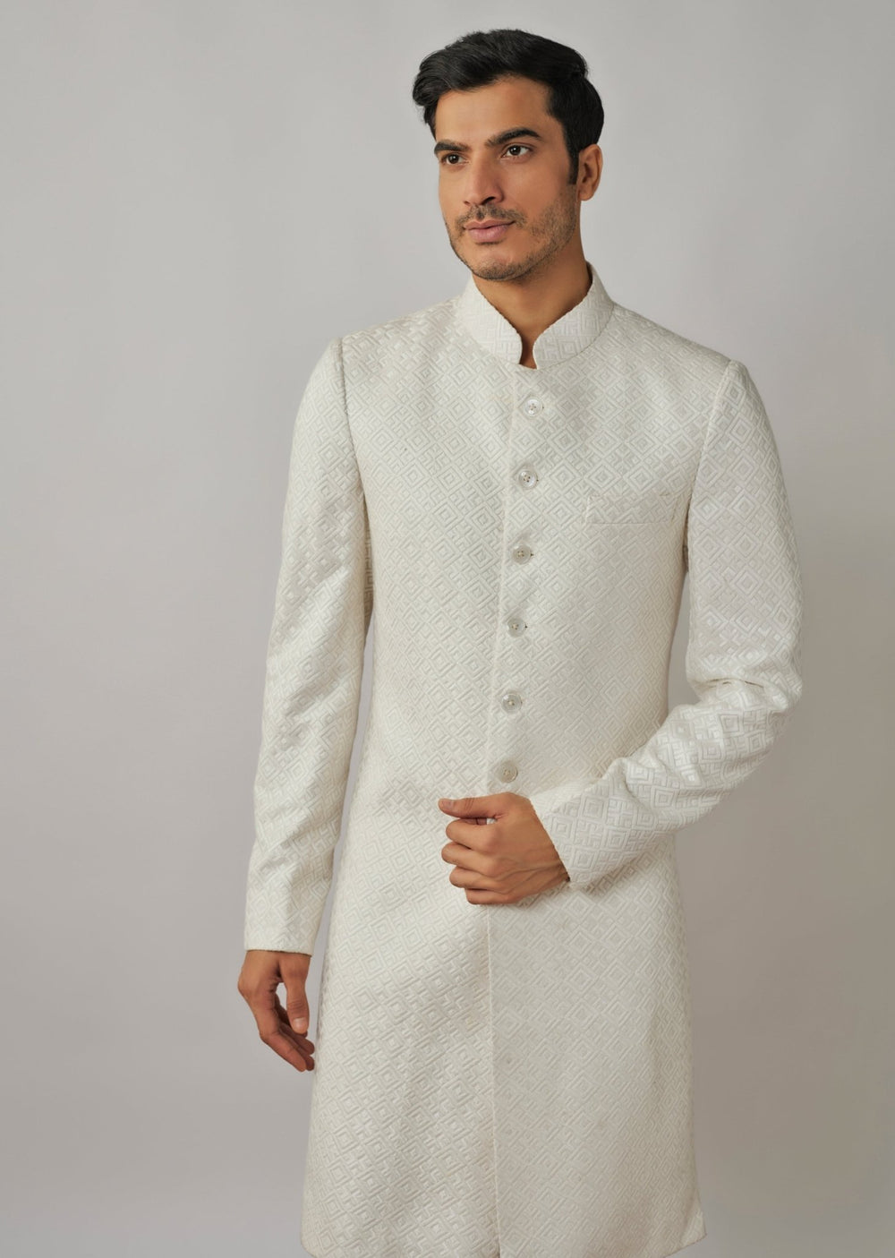 Ivory Geometric Embroidered Sherwani Set Renee Label - Men - Fabilicious Fashion