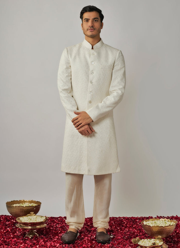 Ivory Geometric Embroidered Sherwani Set Renee Label - Men - Fabilicious Fashion