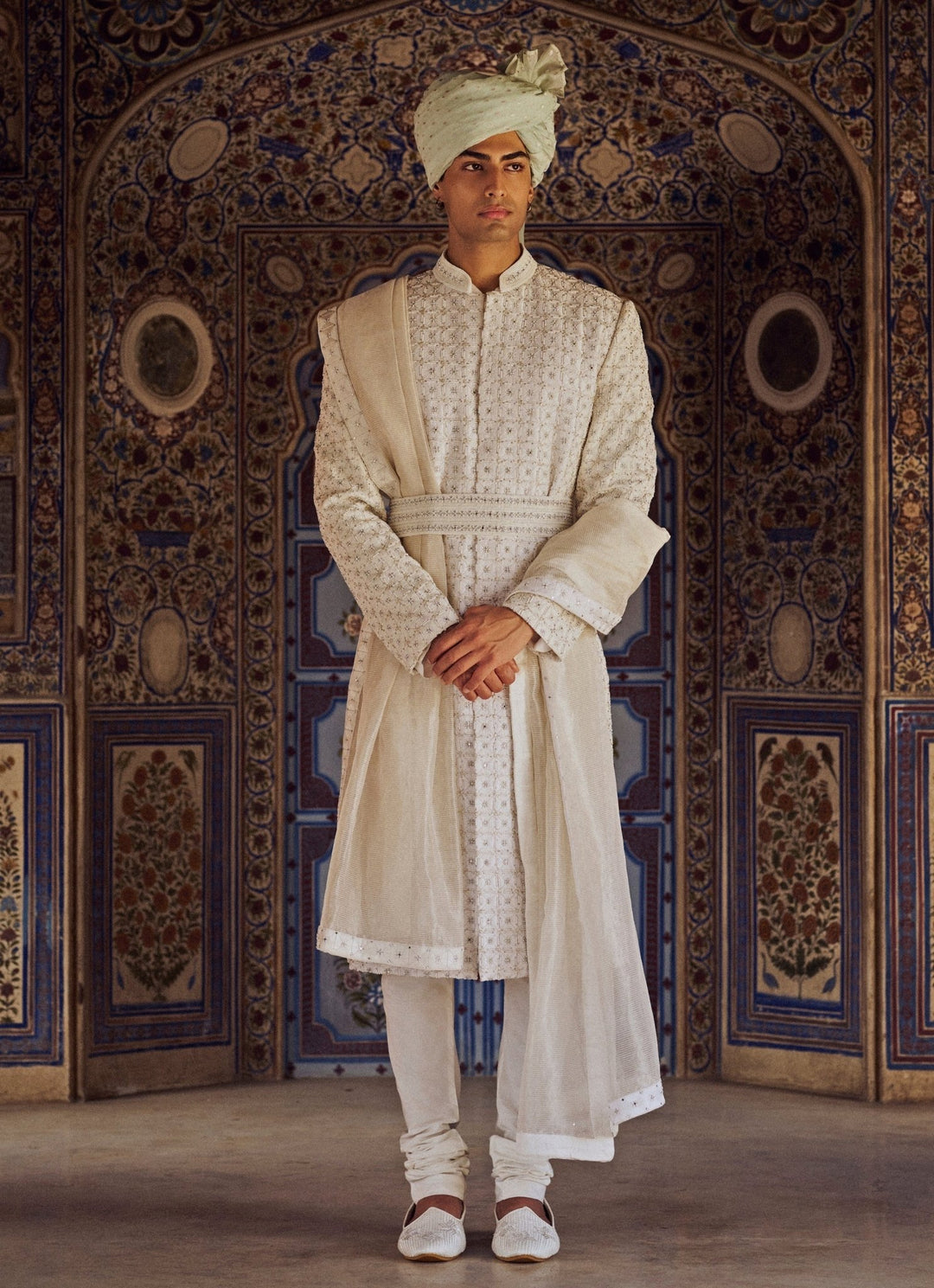 Ivory Geometric Embroidered Sherwani Nitika Gujral - Men - Fabilicious Fashion