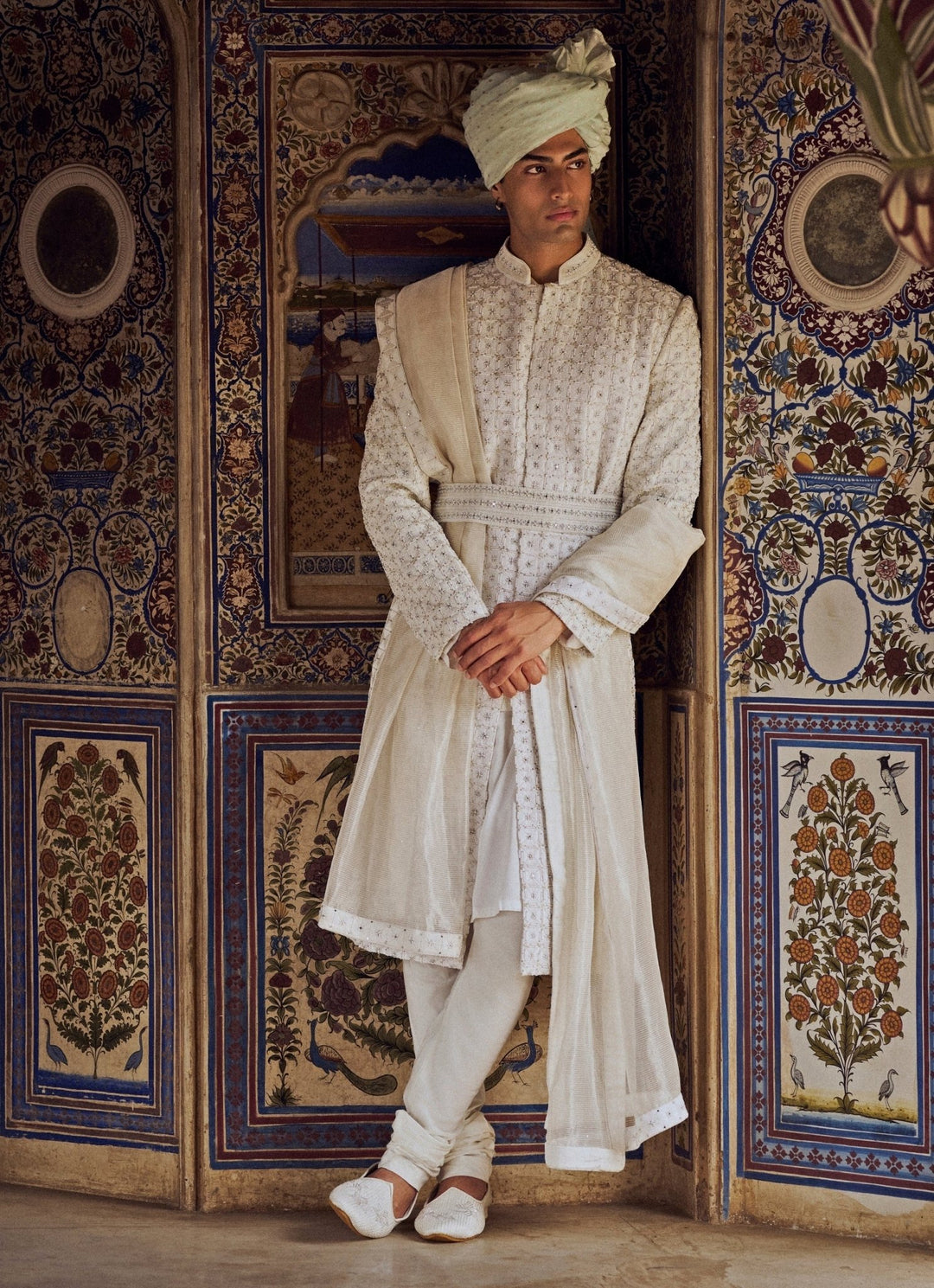 Ivory Geometric Embroidered Sherwani Nitika Gujral - Men - Fabilicious Fashion