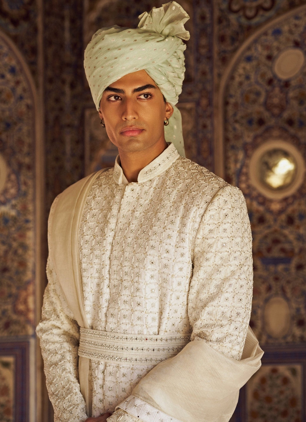Ivory Geometric Embroidered Sherwani Nitika Gujral - Men - Fabilicious Fashion