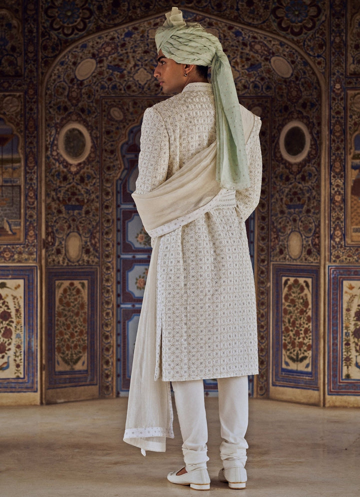 Ivory Geometric Embroidered Sherwani Nitika Gujral - Men - Fabilicious Fashion