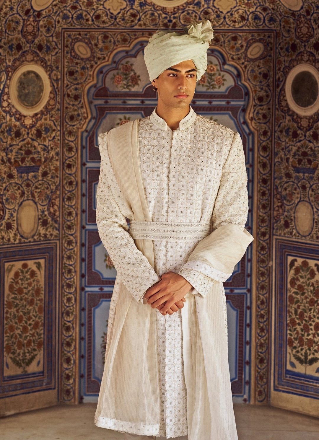 Ivory Geometric Embroidered Sherwani Nitika Gujral - Men - Fabilicious Fashion
