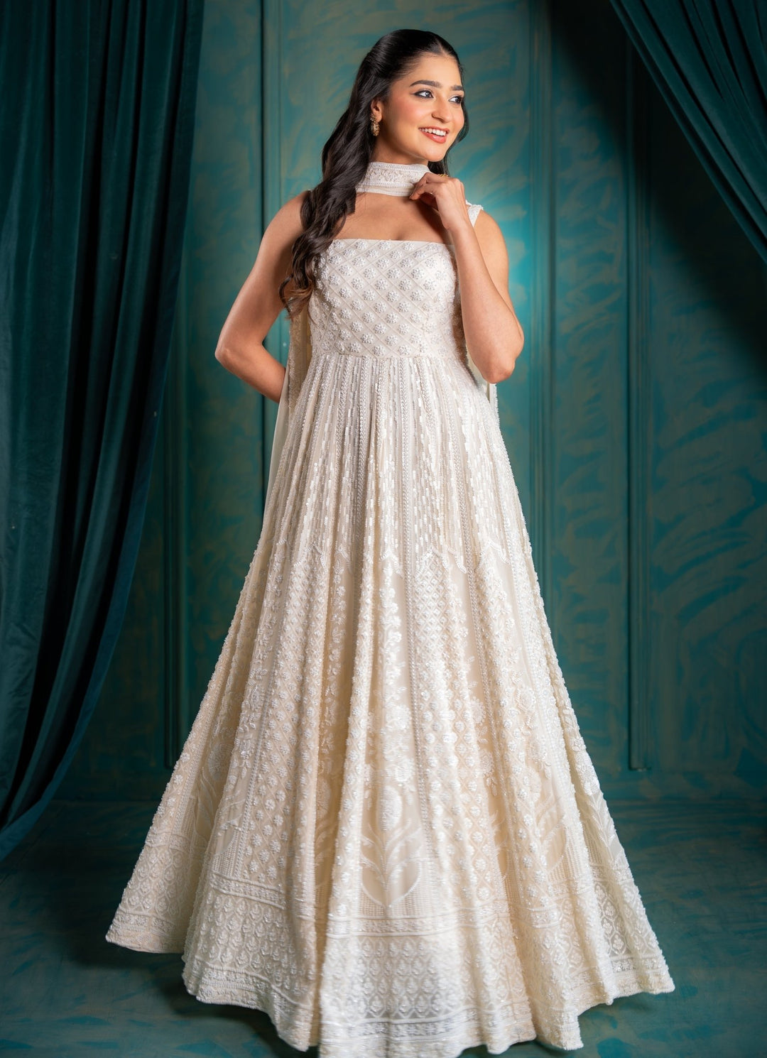 Ivory Georgette Anarkali Set Renee Label - Fabilicious Fashion