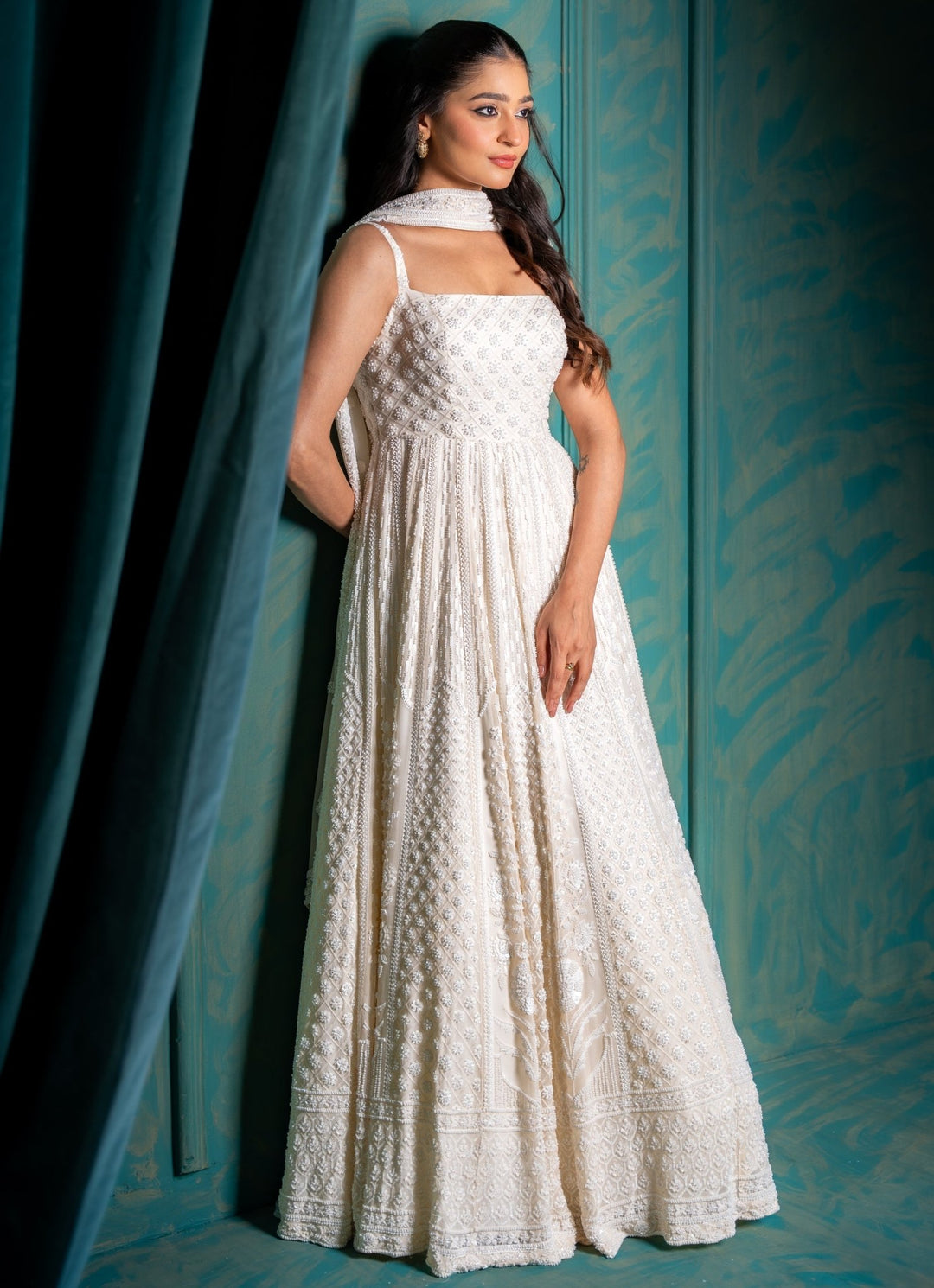 Ivory Georgette Anarkali Set Renee Label - Fabilicious Fashion