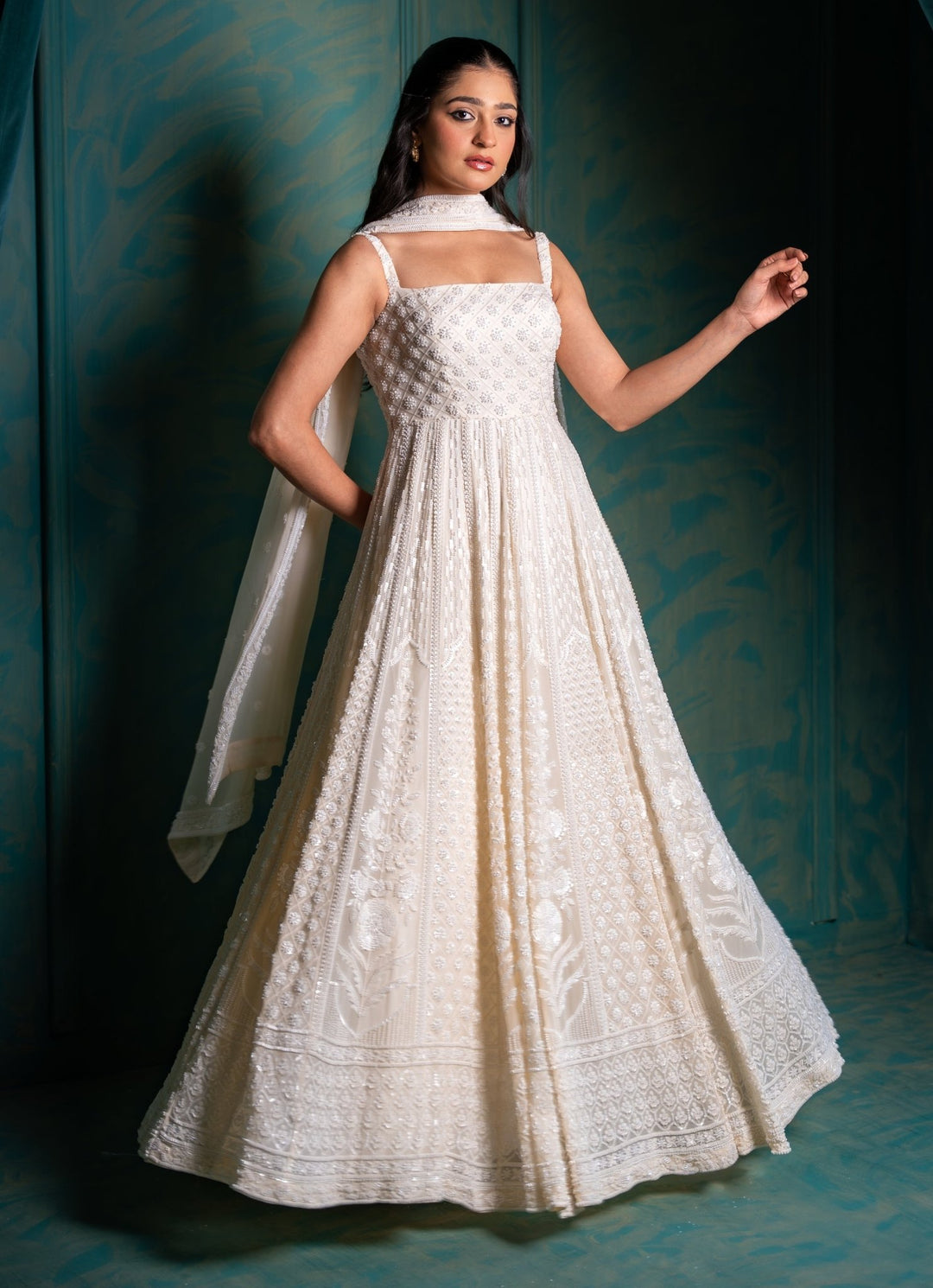Ivory Georgette Anarkali Set Renee Label - Fabilicious Fashion