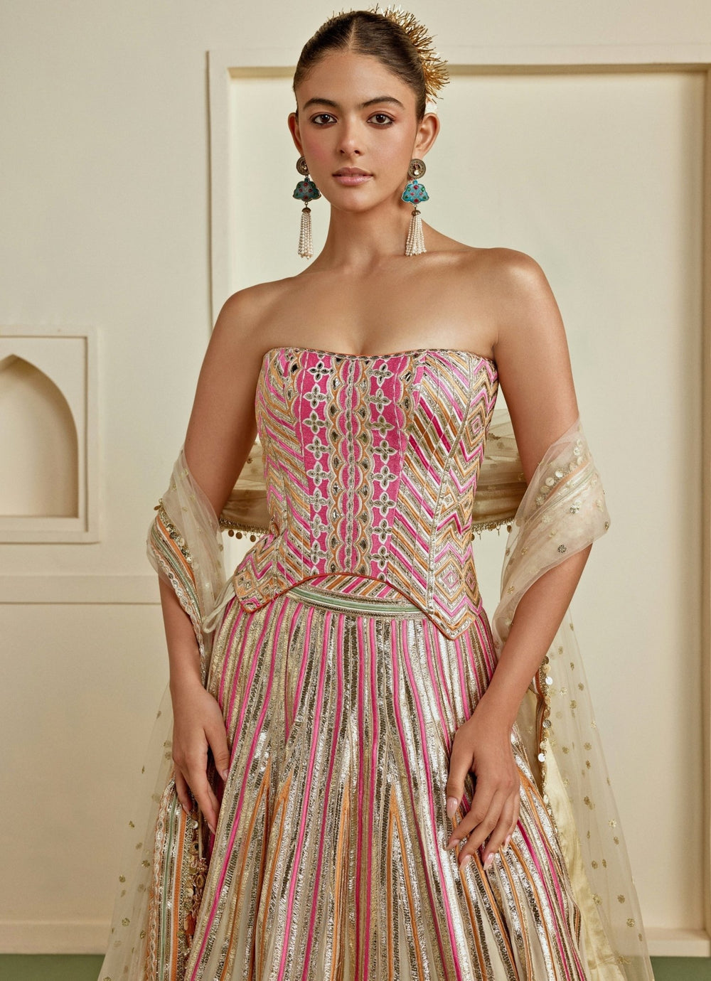 Gopi Vaid Ivory Georgette Corset Lehenga SetFabilicious Fashion