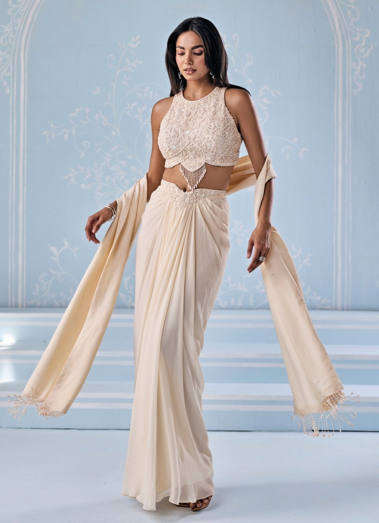 Ivory georgette draped skirt set by Seema Thukral for daytime resort wedding guest