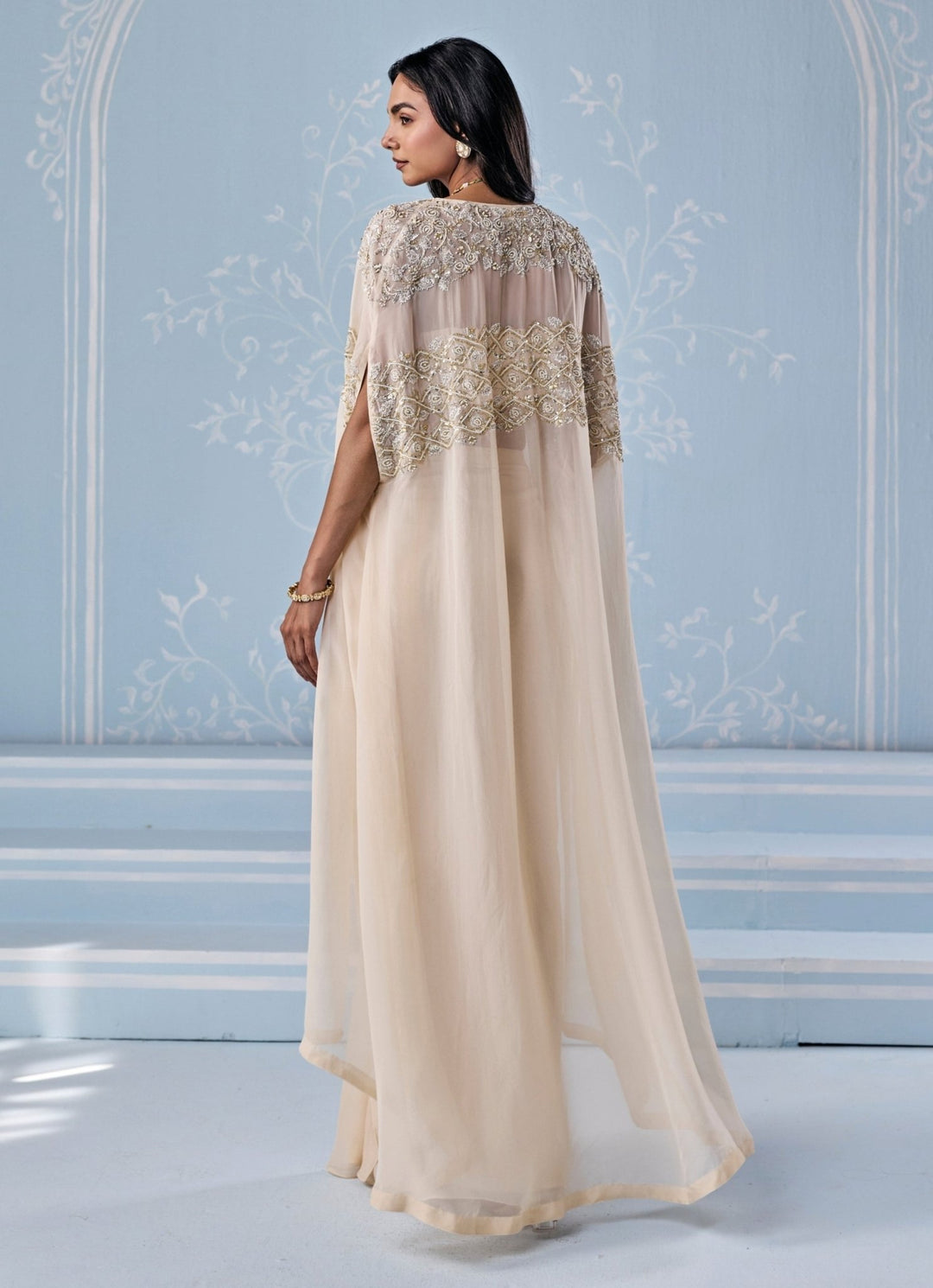Ivory Georgette Draped Skirt With Corset And Cape Seema Thukral - Fabilicious Fashion