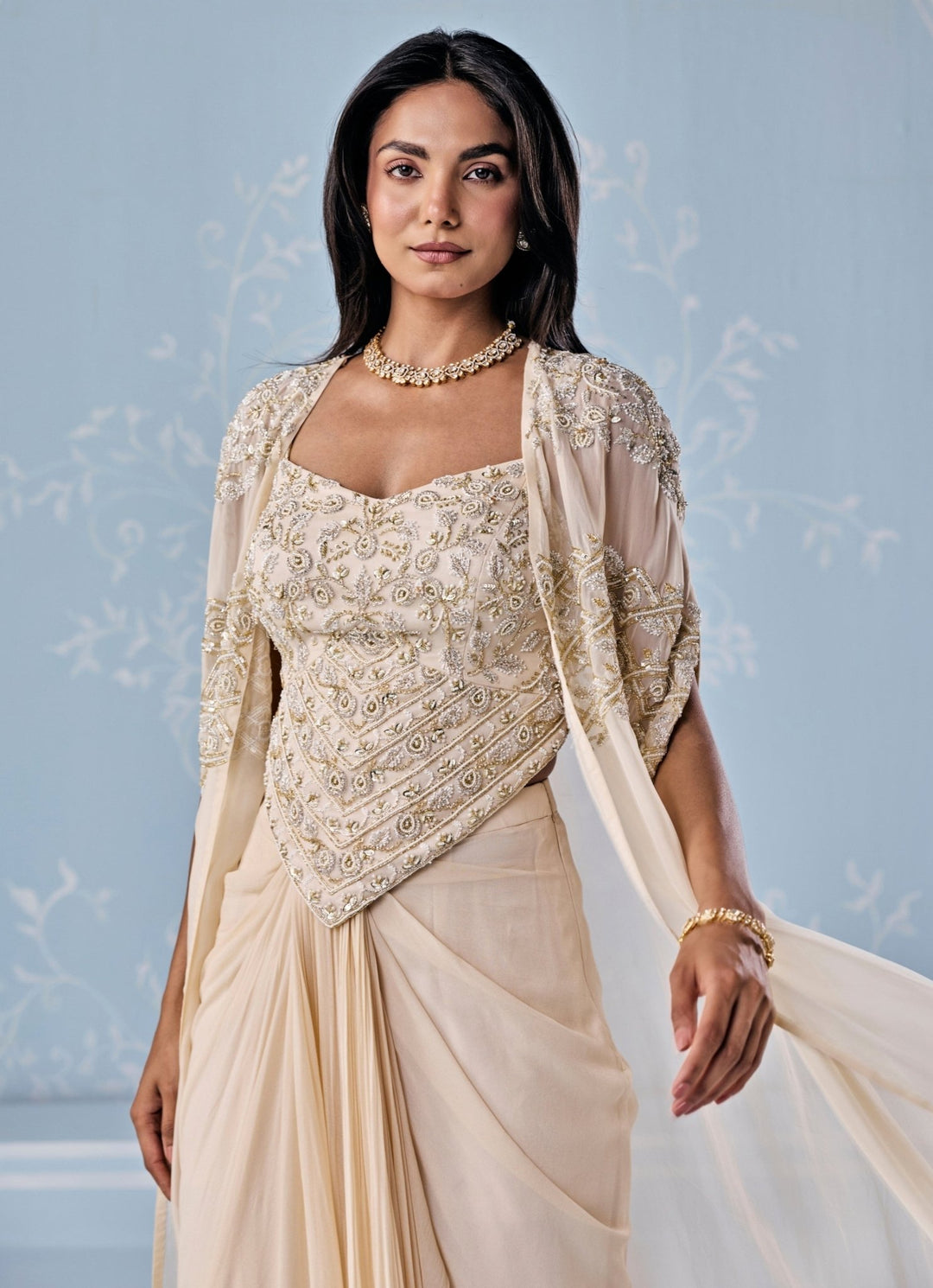 Ivory Georgette Draped Skirt With Corset And Cape Seema Thukral - Fabilicious Fashion