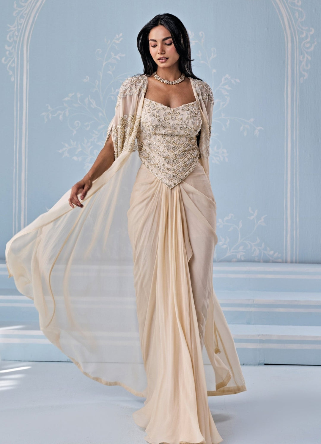 Ivory Georgette Draped Skirt With Corset And Cape Seema Thukral - Fabilicious Fashion