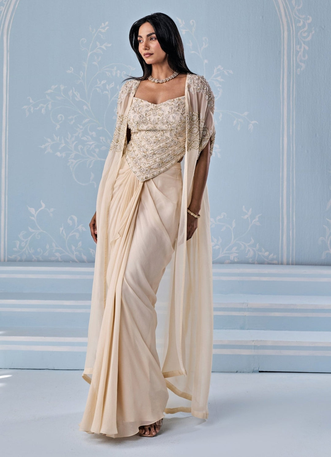 Ivory Georgette Draped Skirt With Corset And Cape Seema Thukral - Fabilicious Fashion