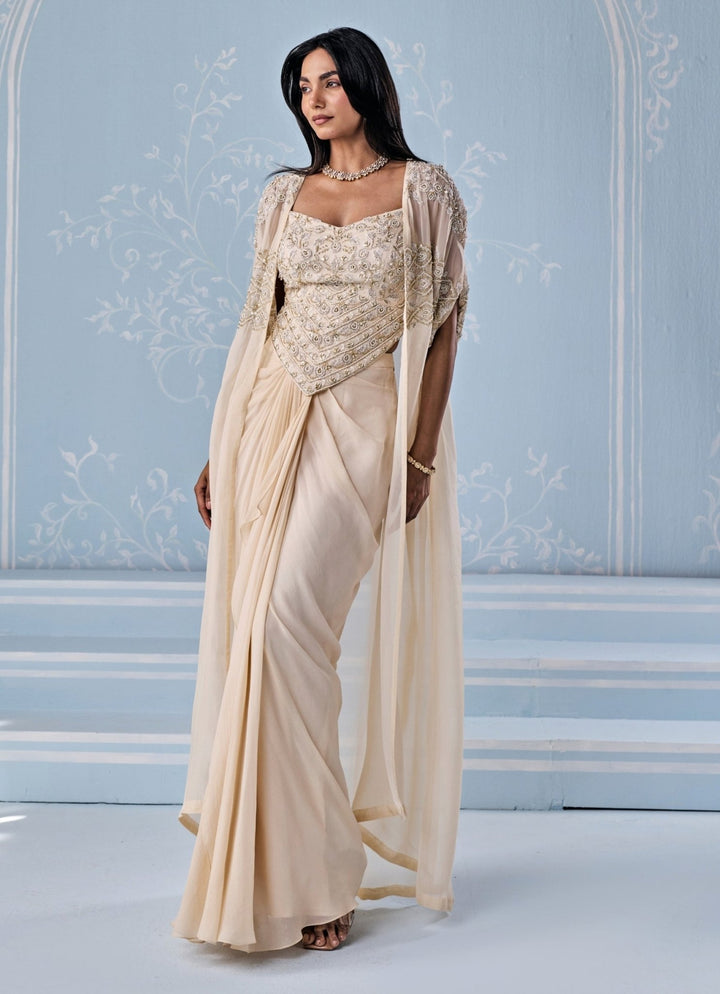 Ivory Georgette Draped Skirt With Corset And Cape Seema Thukral - Fabilicious Fashion
