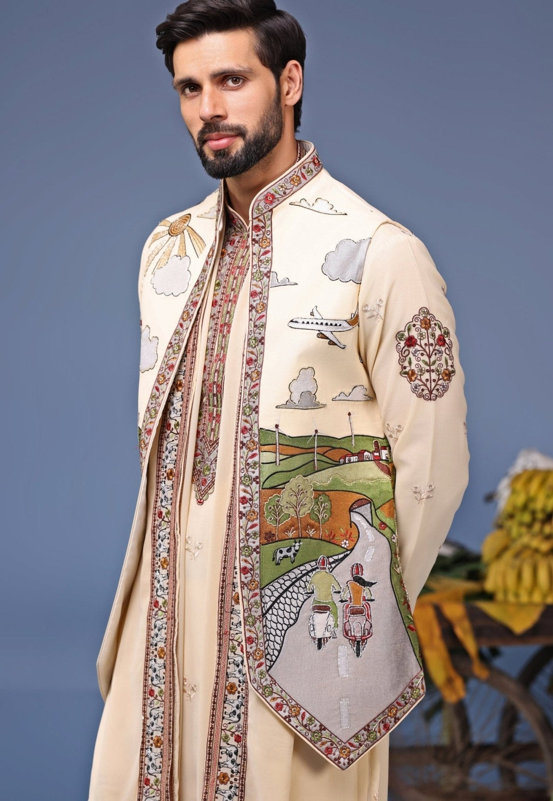Ivory Georgette Kurta Pant Set with Embroidered Jacket Kalpraag - Fabilicious Fashion